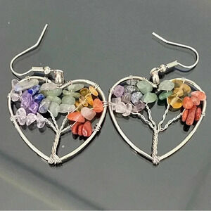 Rainbow Beaded Heart Tree of Life Handmade Stainless Steel Earrings NWT